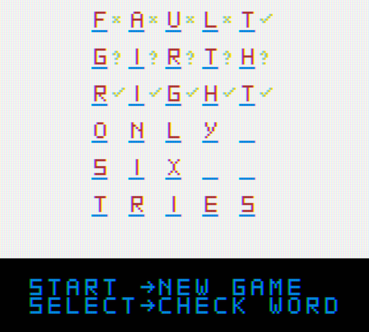 Ein Screenshot von Wordle für den Game Boy